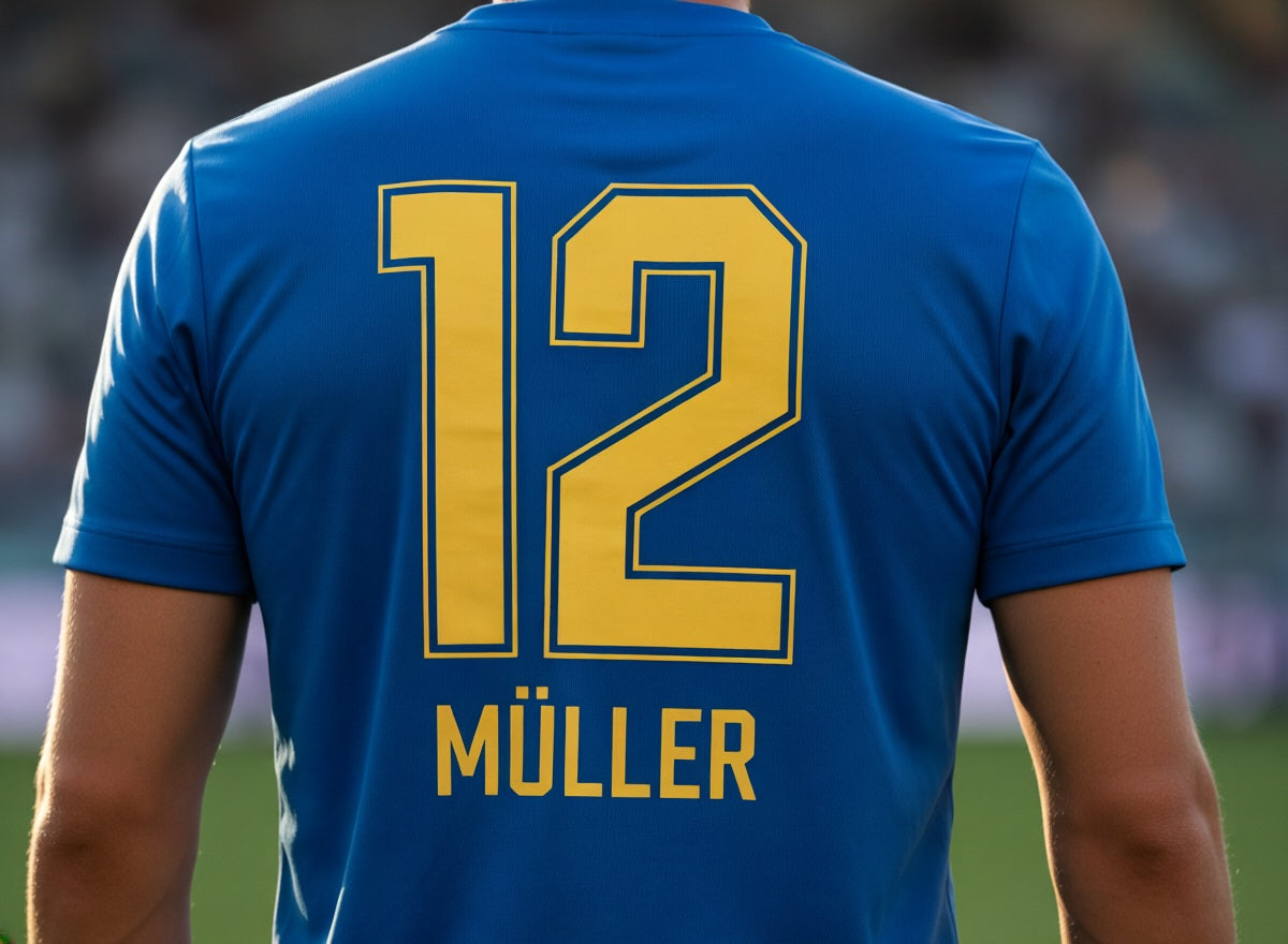 Blaues bedrucktes Teamtrikot mit gelber Rückennummer 12 für Mannschaften und Sportvereine