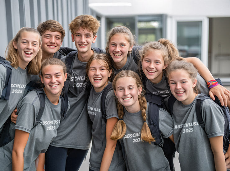 Schulklasse in einheitlich bedruckten Abschluss-Shirts als Beispiel für Abschlusskleidung