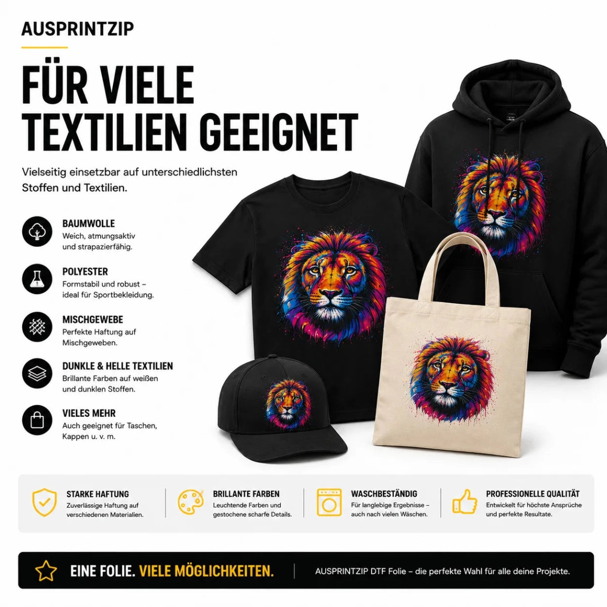 DTF-Transfers für Baumwolle, Polyester, Mischgewebe sowie helle und dunkle Textilien