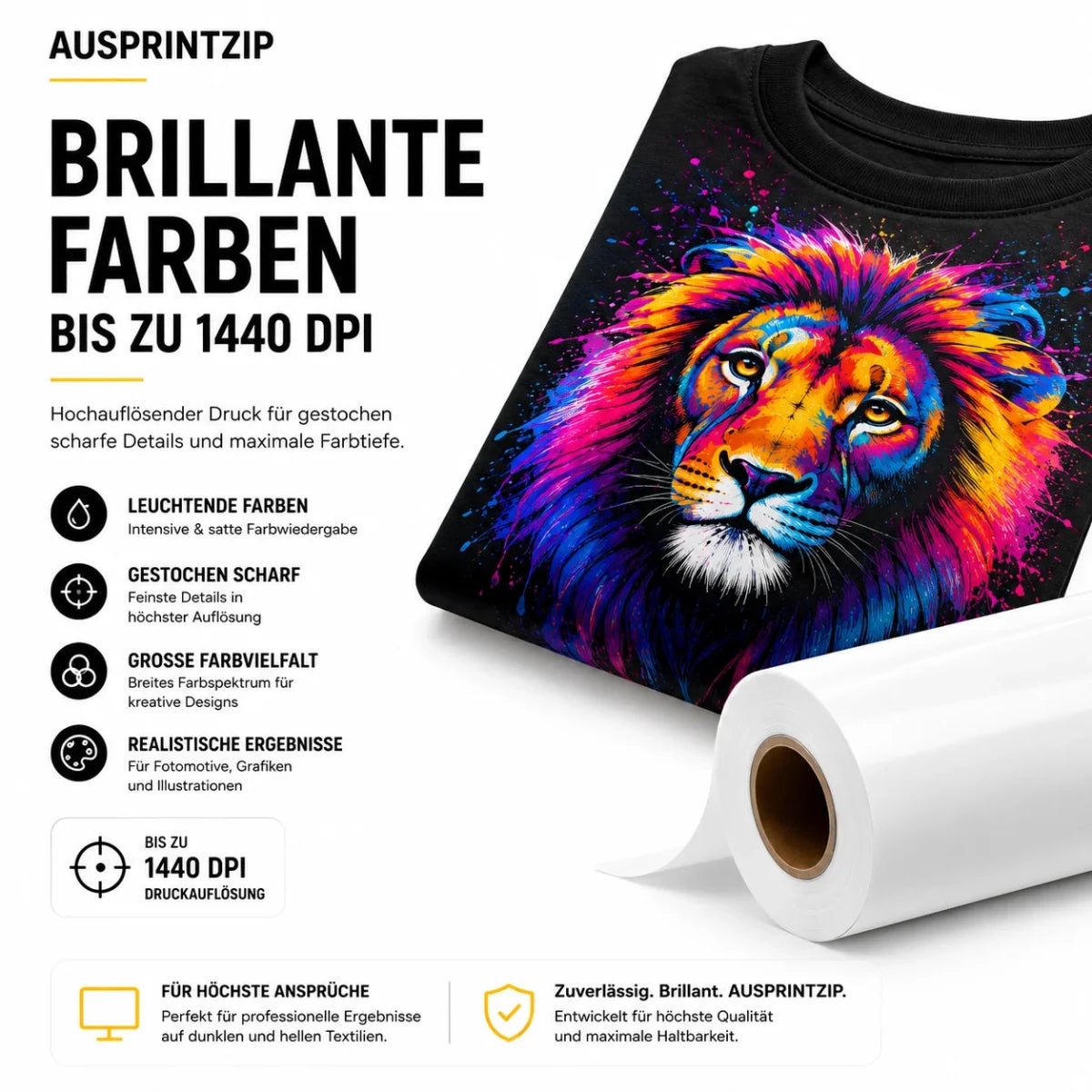 DTF-Transferdruck mit brillanten Farben und gestochen scharfen Details auf schwarzem Textil
