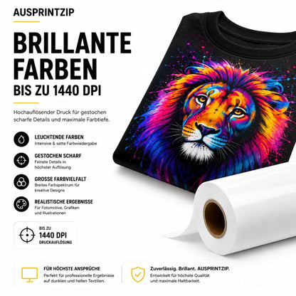 DTF-Transferdruck mit brillanten Farben und gestochen scharfen Details auf schwarzem Textil