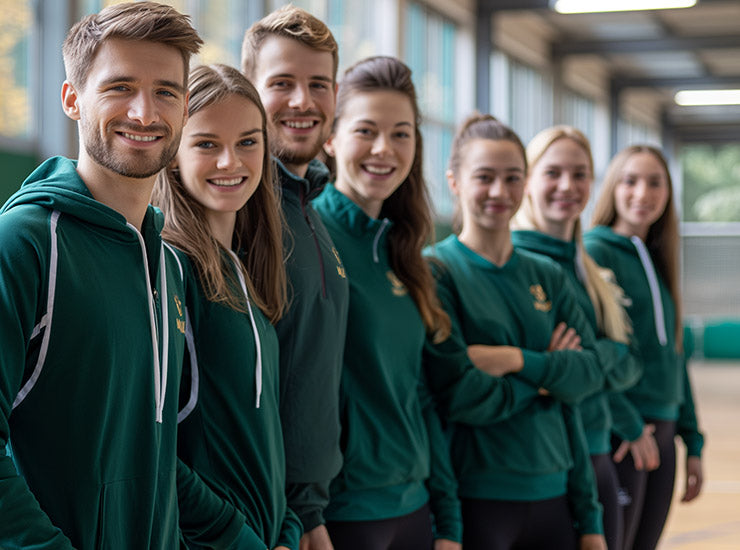 Sportteam in einheitlicher Vereinskleidung mit Vereinslogo und bedruckten Trainingsanzügen